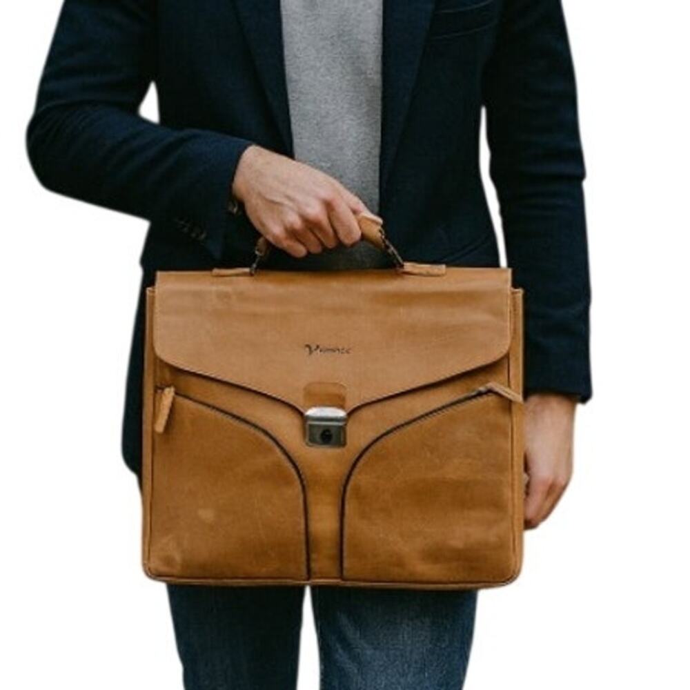 Vintage 90s Vicenzo Leather Briefcase Laptop Messenger Bag Camel Brown